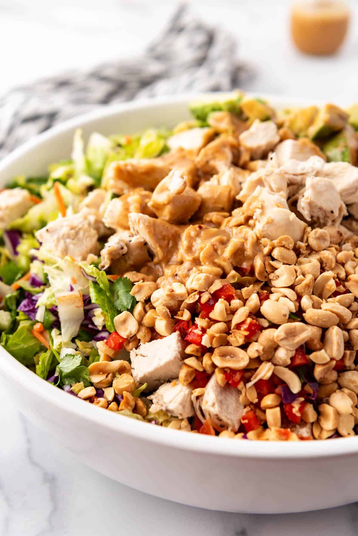 Chopped peanuts sprinkled on top of a Thai chicken salad.