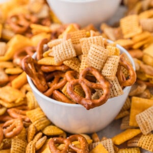 An image of a bowl of classic chex mix.