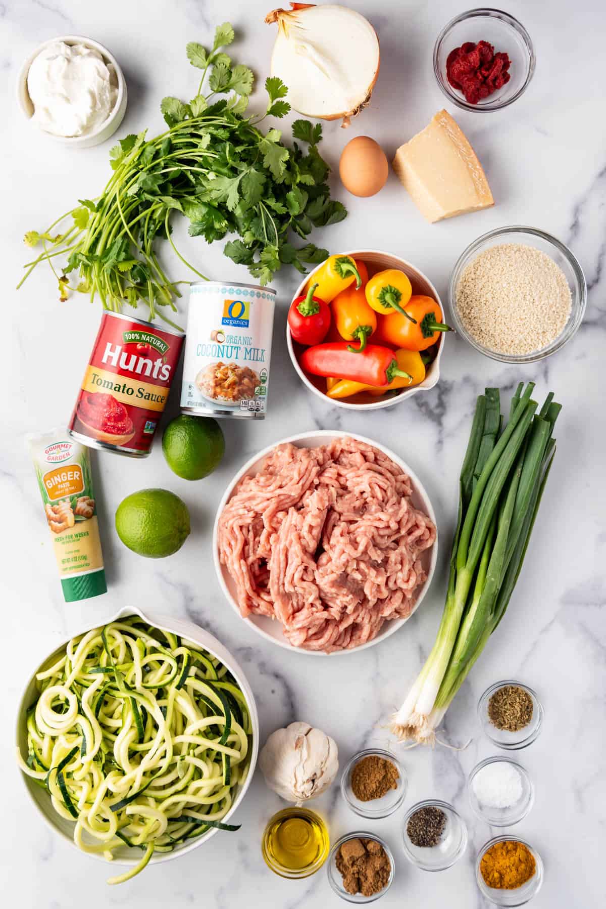 Ingredients for coconut curry chicken meatballs.