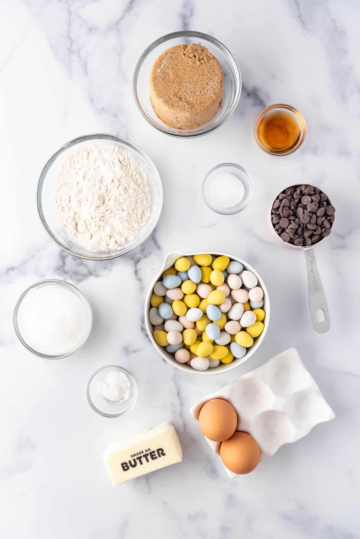 An overhead image of ingredients for making Easter blondies.