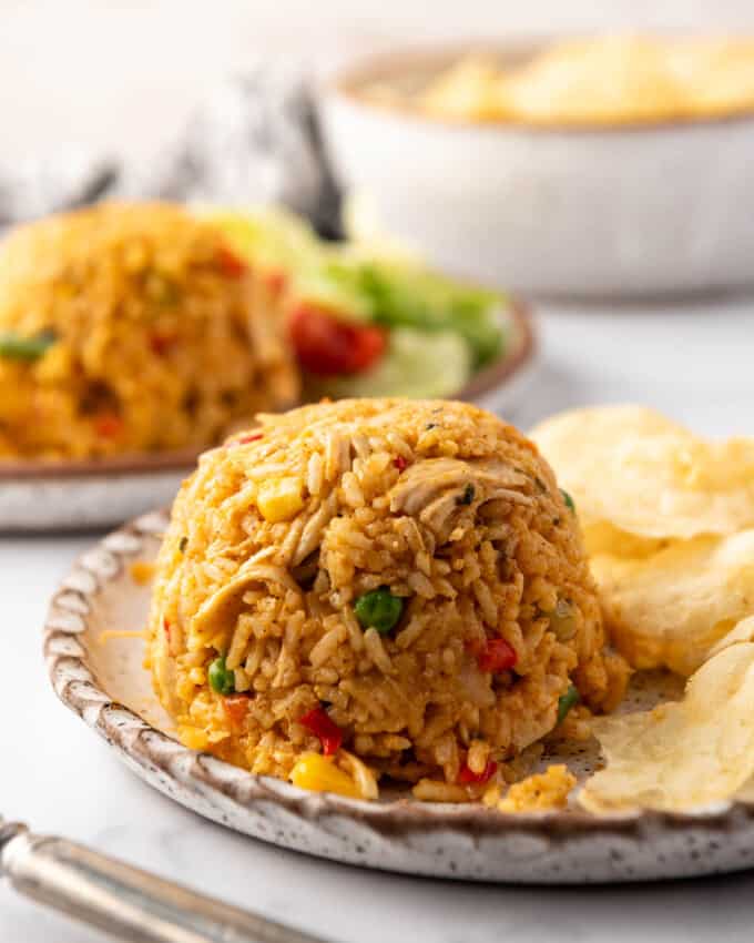 An image of a mound of Costa Rican arroz con pollo on a plate with potato chips.