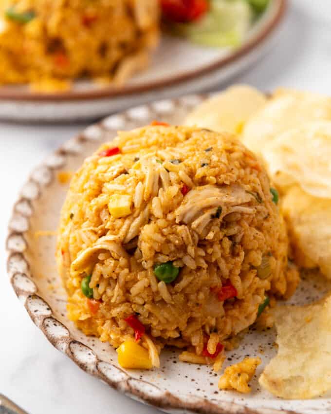 A close image of arroz con pollo on a plate with potato chips.