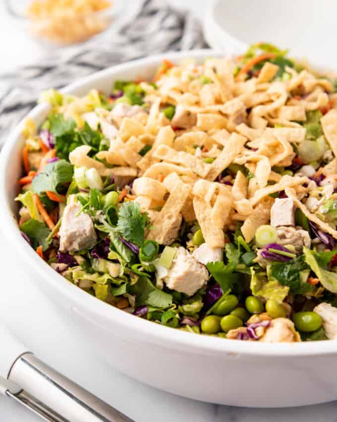 An image of a large white serving bowl of Thai chicken salad.