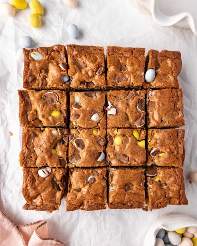 Easter blondies cut into small squares.