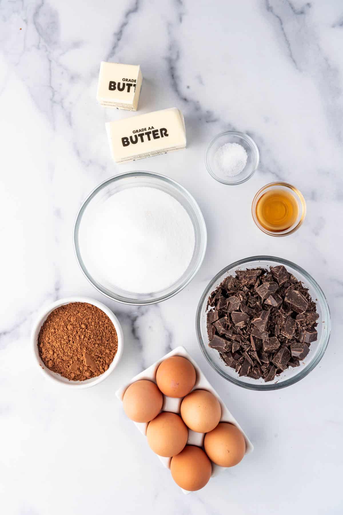 An overhead image of ingredients for flourless chocolate cake.