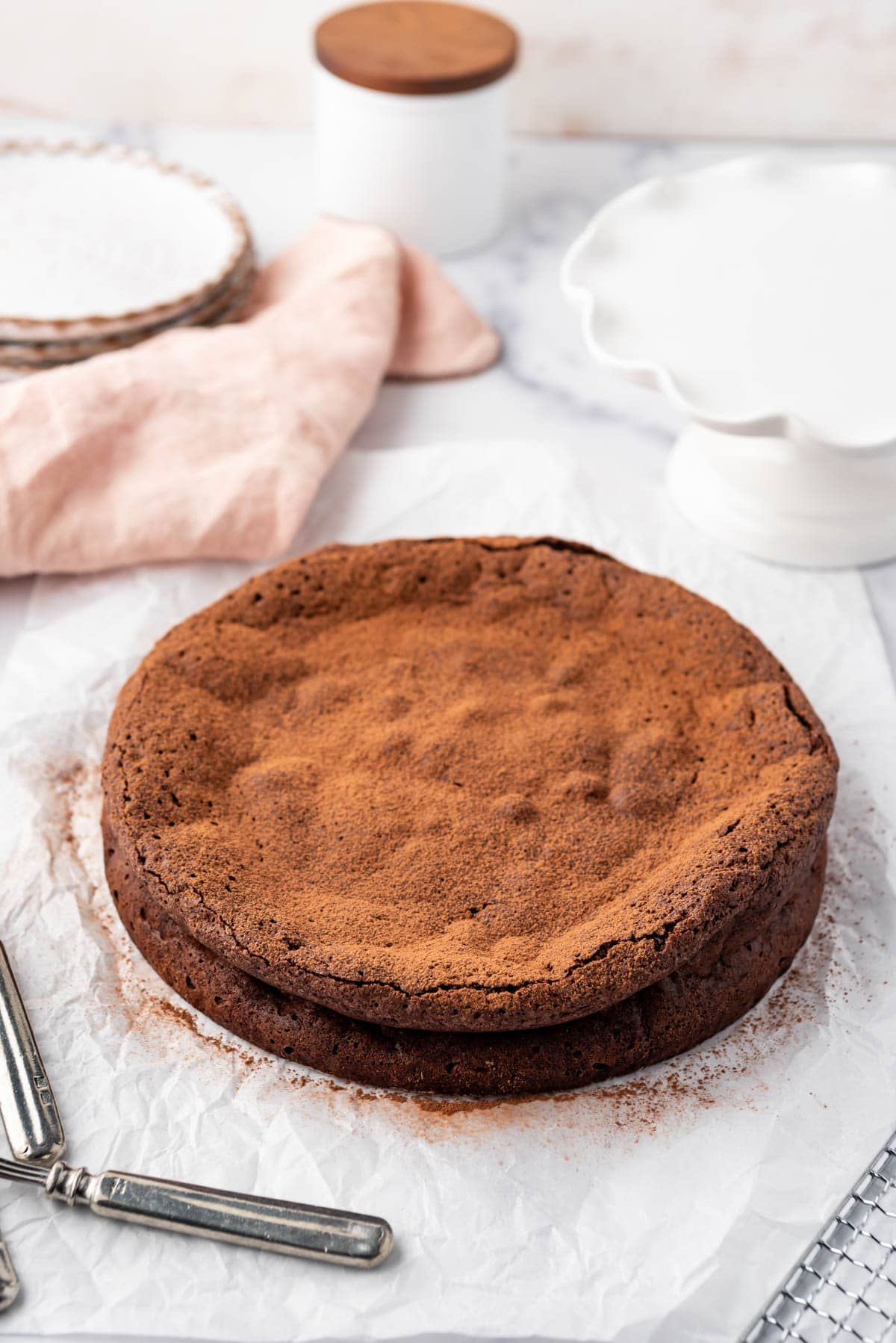 An image of a baked flourless chocolate cake dusted with cocoa powder.