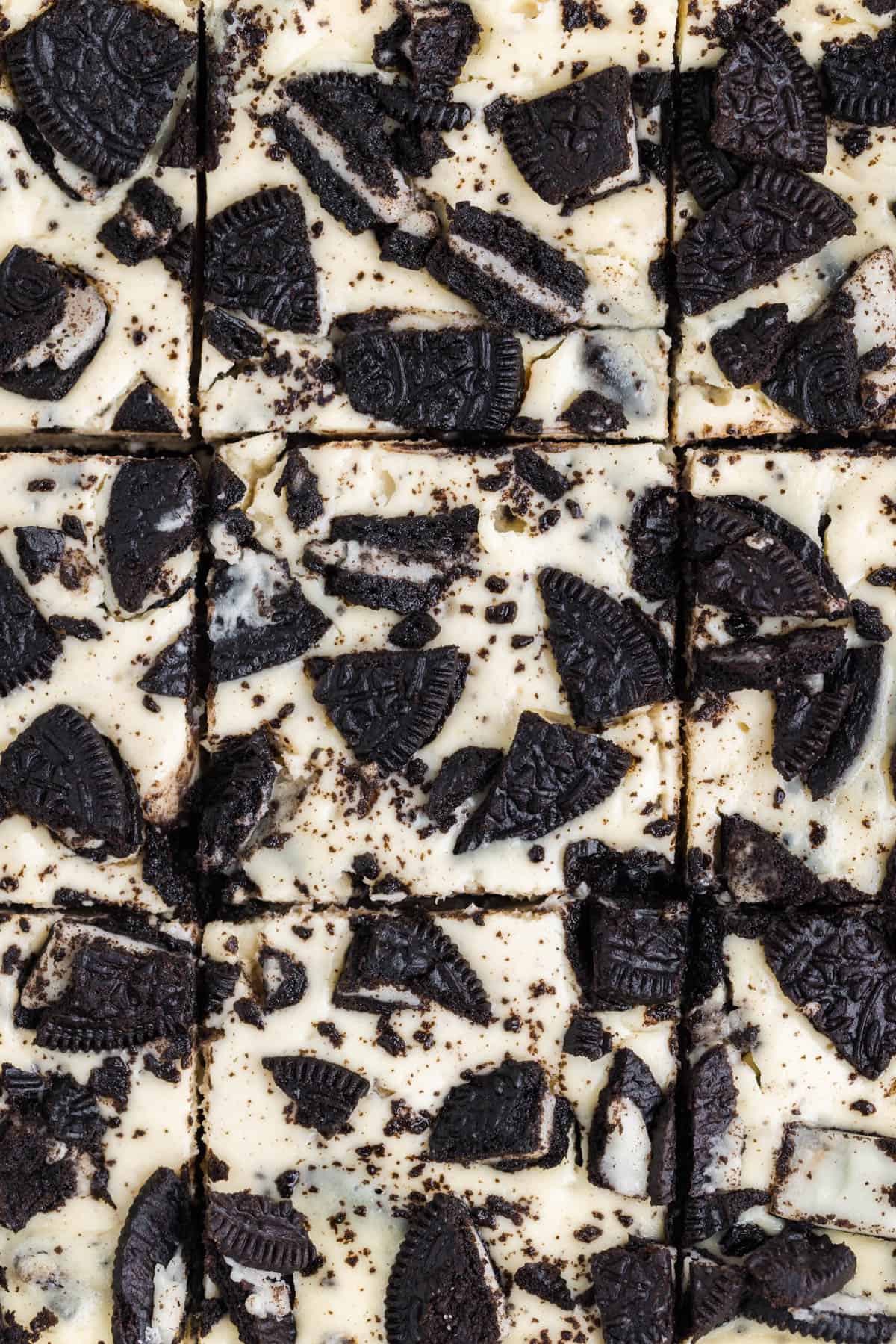 A close up image of the tops of Oreo cheesecake bars.