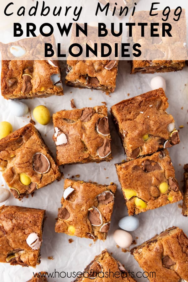 An overhead image of Easter blondies with cadbury eggs with text overlay.