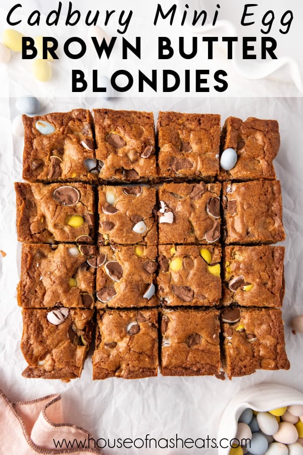 An overhead image of Easter blondies cut into small squares with text overlay.