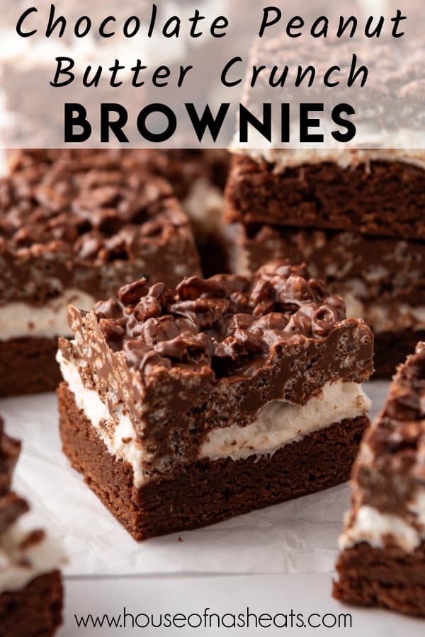 Chocolate peanut butter crunch brownies with text overlay.