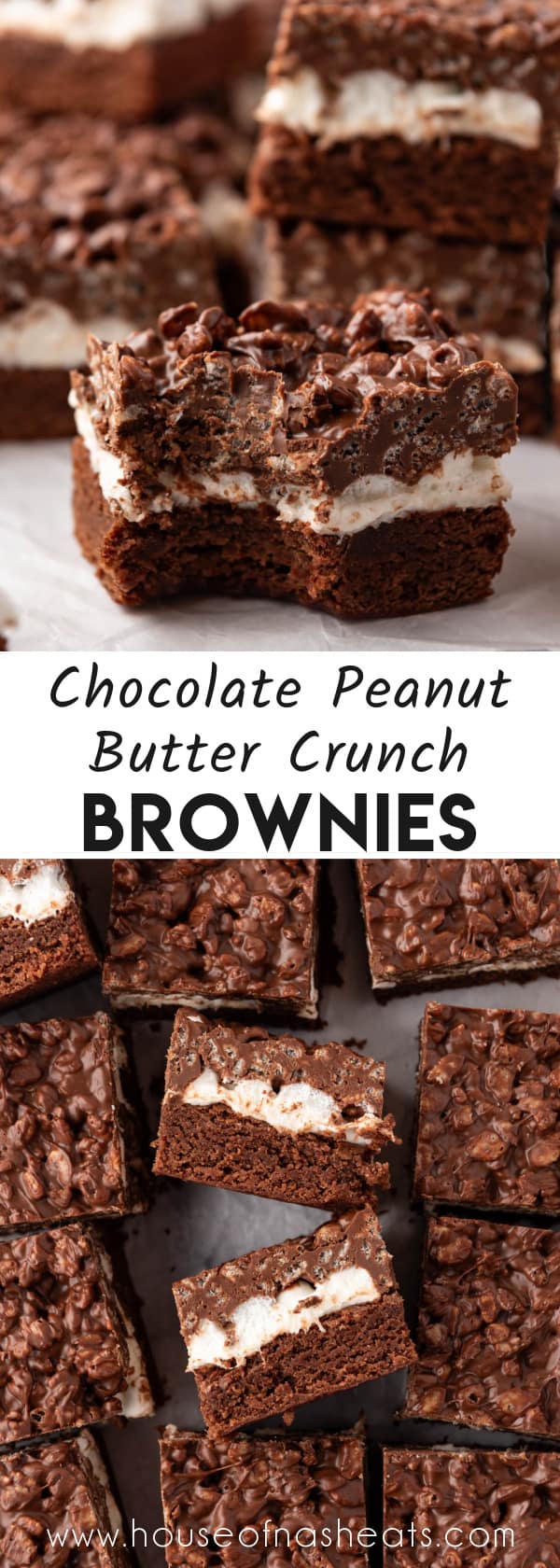 A collage of images of chocolate peanut butter crunch brownies with text overlay.