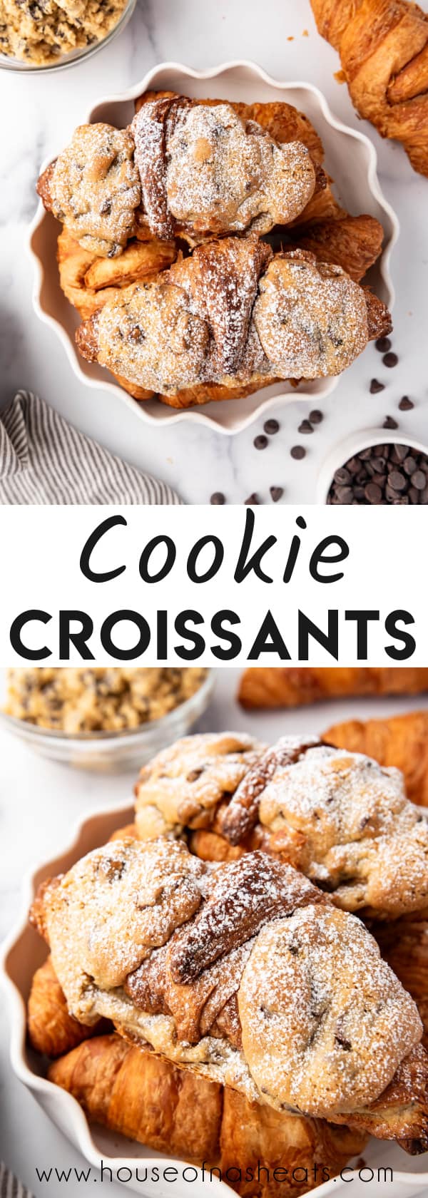 A collage of images of cookie croissants with text overlay.