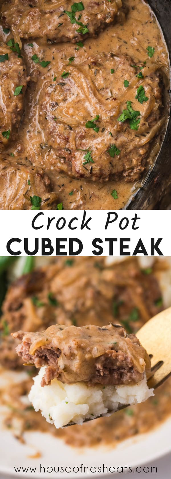 A collage of images of crock pot cubed steak with text overlay.