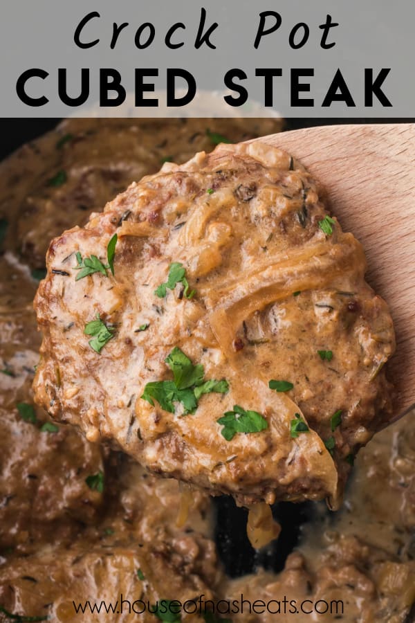 An image of a crock pot cubed steak with text overlay.