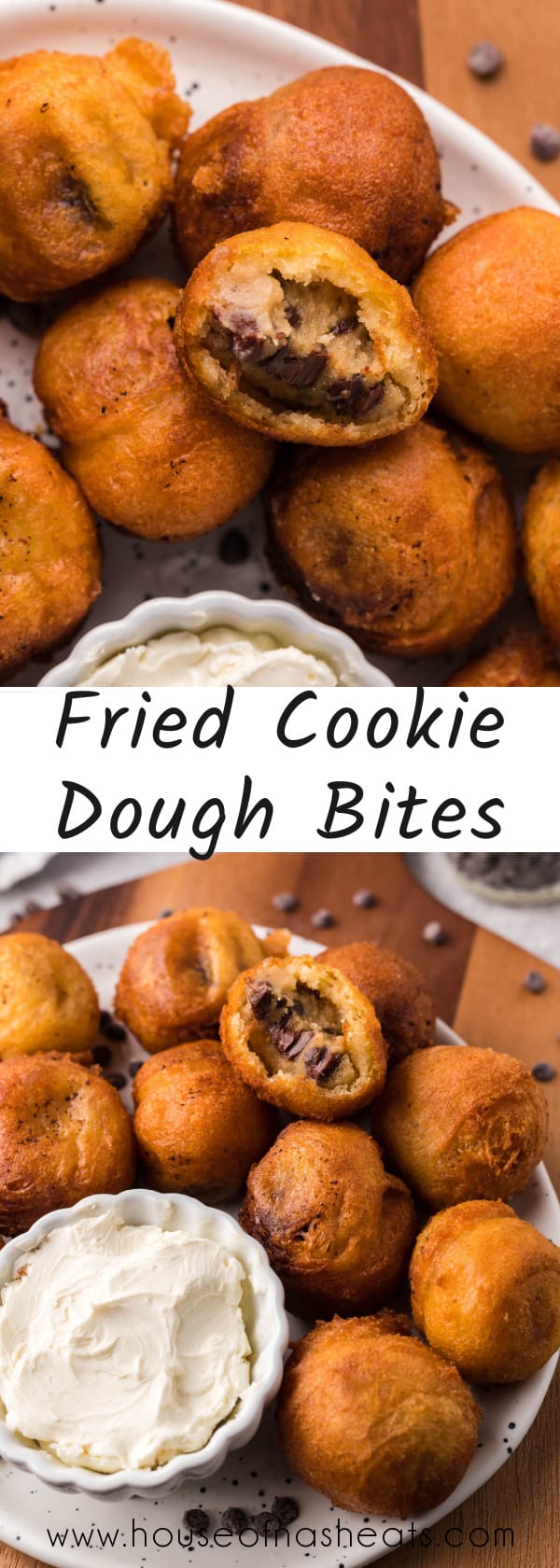 A collage of images of fried cookie dough bites with text overlay.