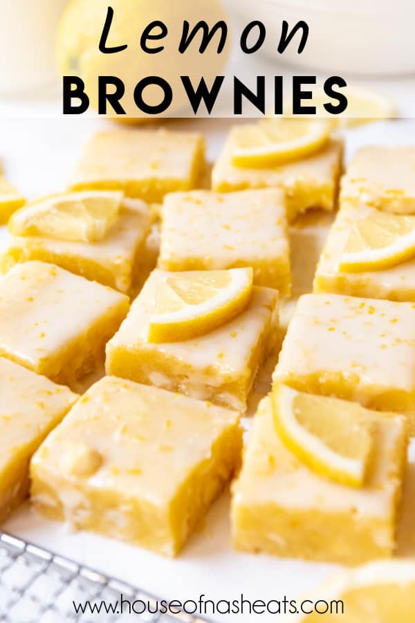 Lemon brownie squares with text overlay.