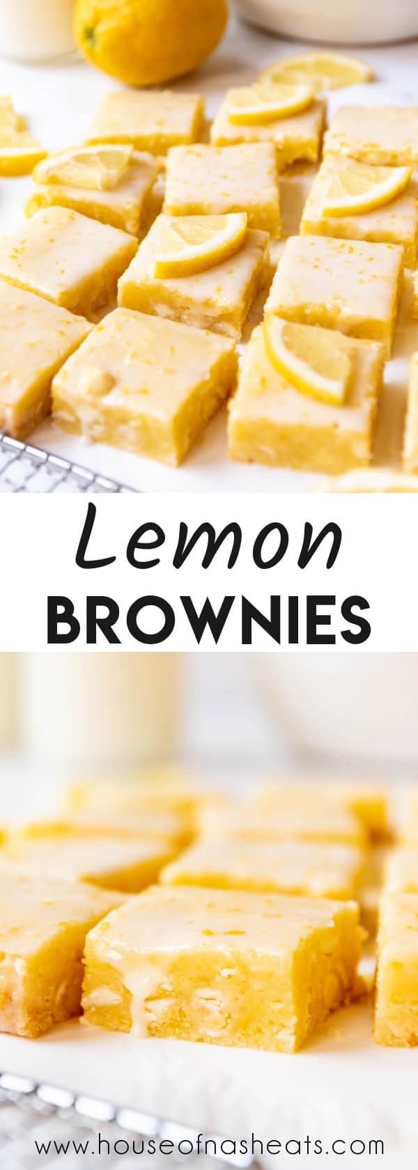 A collage of images of lemon brownies with text overlay.