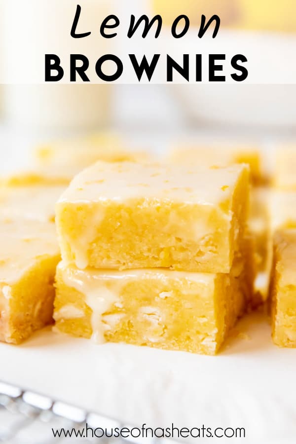 Two stacked lemon brownies with text overlay.