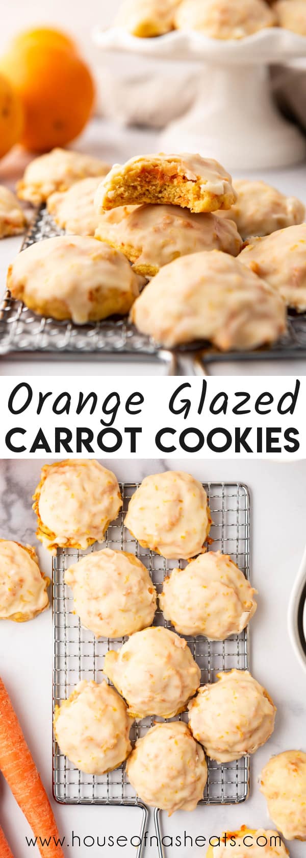 A collage of images of orange glazed carrot cookies with text overlay.