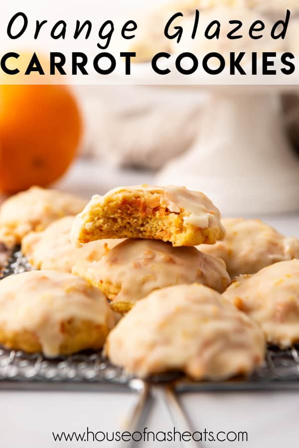 Orange glazed carrot cookies with text overlay.