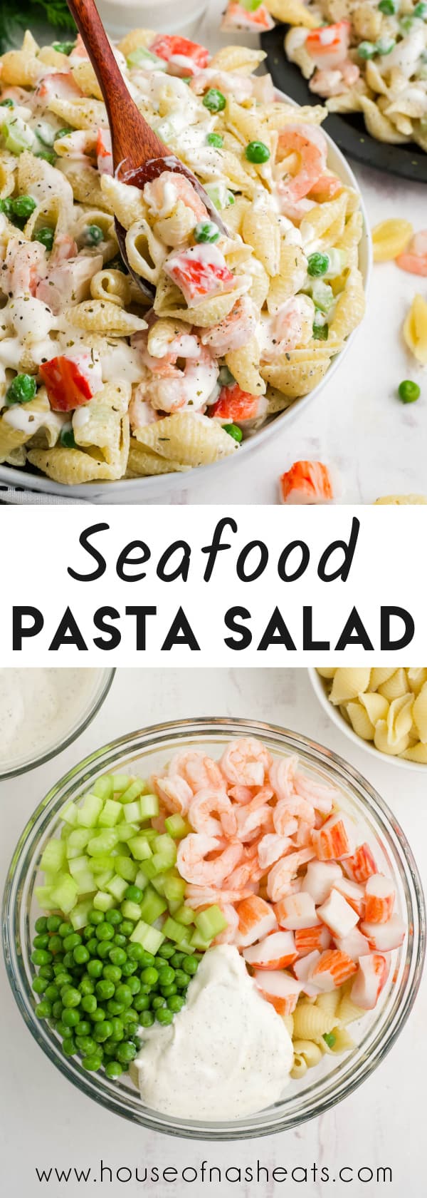 A collage of images of seafood pasta salad with text overlay.