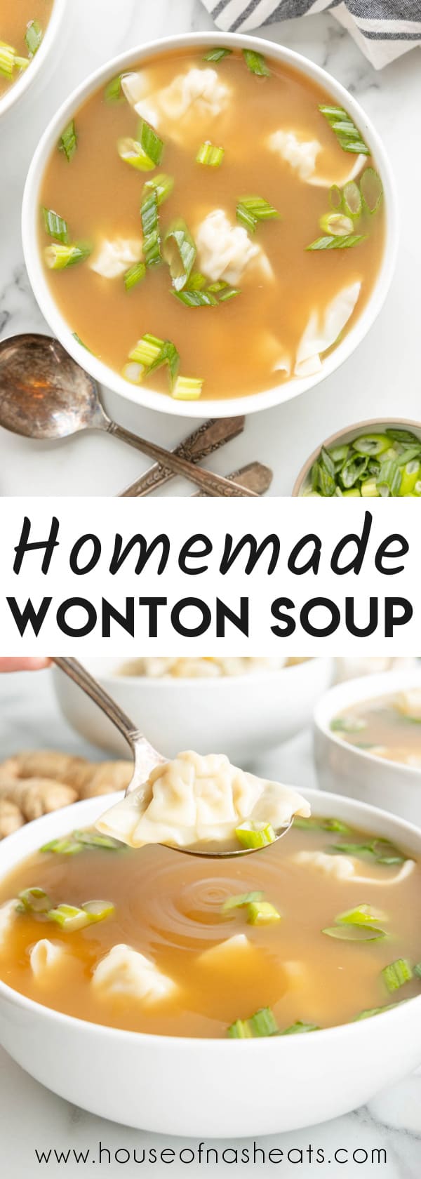 A collage of images of wonton soup with text overlay.