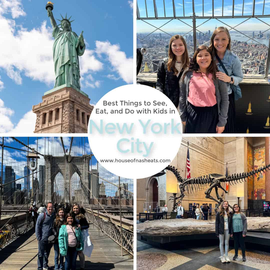 A collage of images of a family in New York City spots with text overlay.