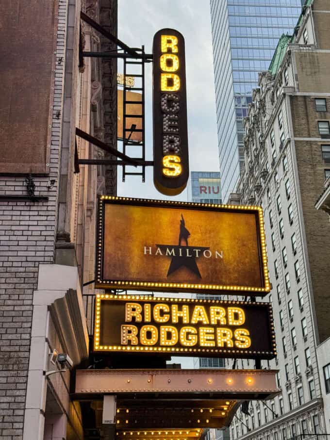 A marquee for the musical Hamilton on Broadway.