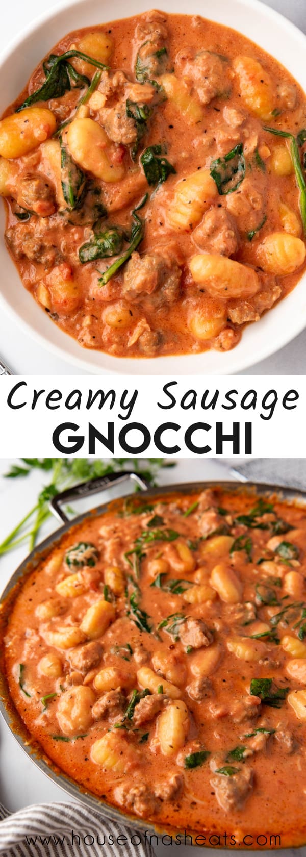 A collage of images of sausage gnocchi with text overlay.