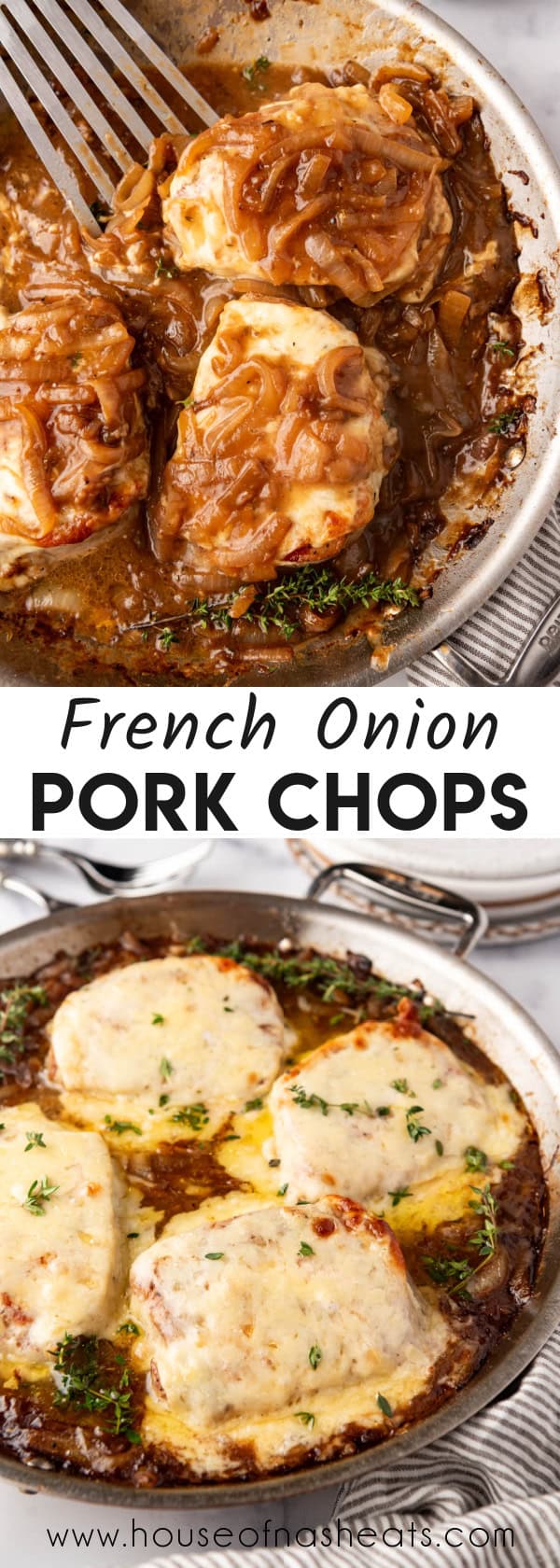 A collage of images of french onion pork chops with text overlay.