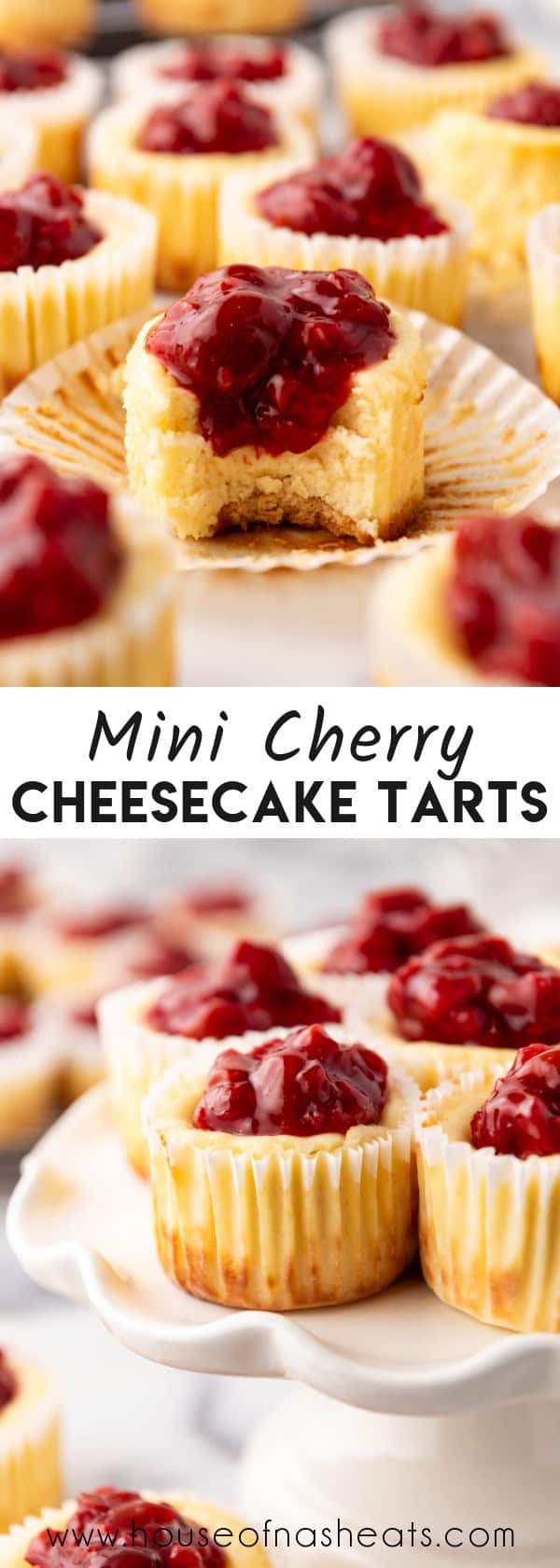 A collage of images of cherry cheesecake tarts with text overlay.