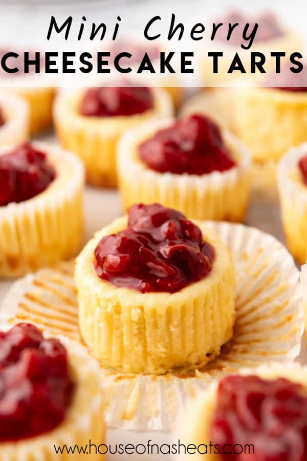 An unwrapped mini cherry cheesecake with text overlay surrounded by more mini cheesecakes.