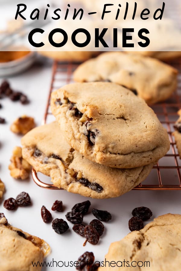 Stacked raisin-filled cookies with text overlay.