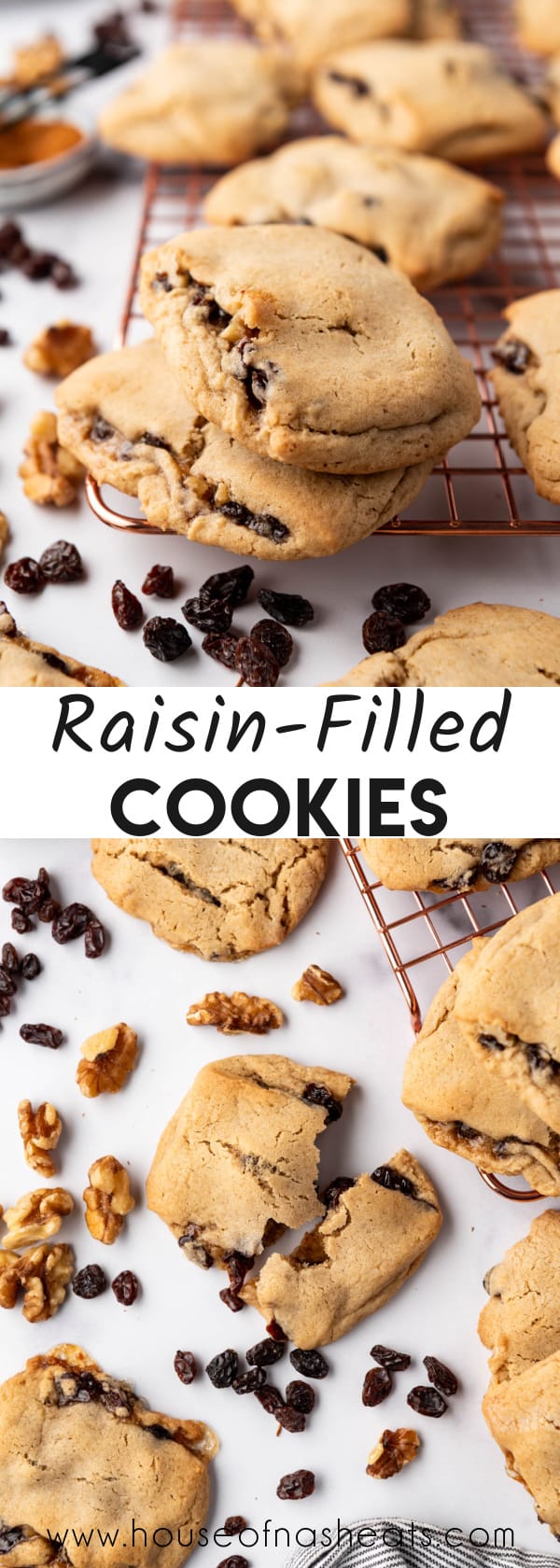 A collage of images of raisin-filled cookies with text overlay.