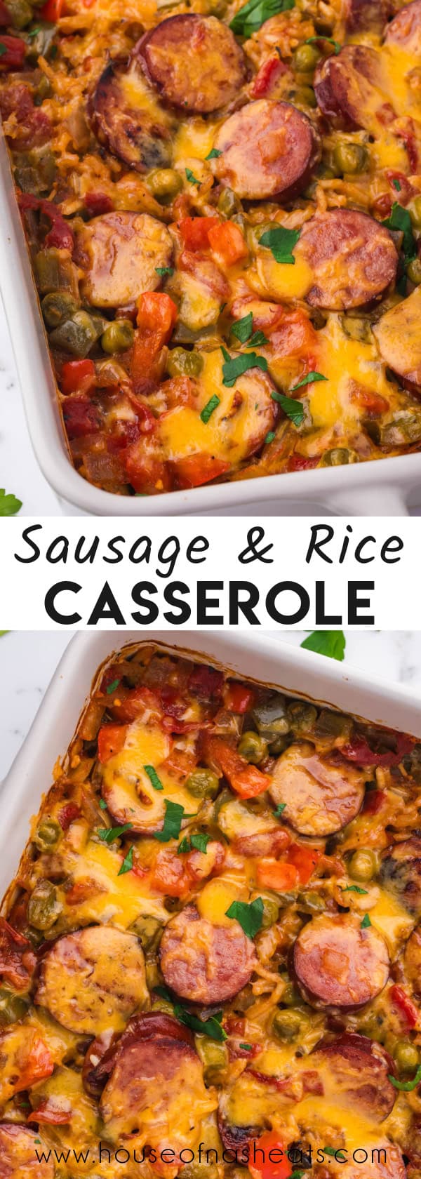 A collage of images of sausage & rice casserole with text overlay.