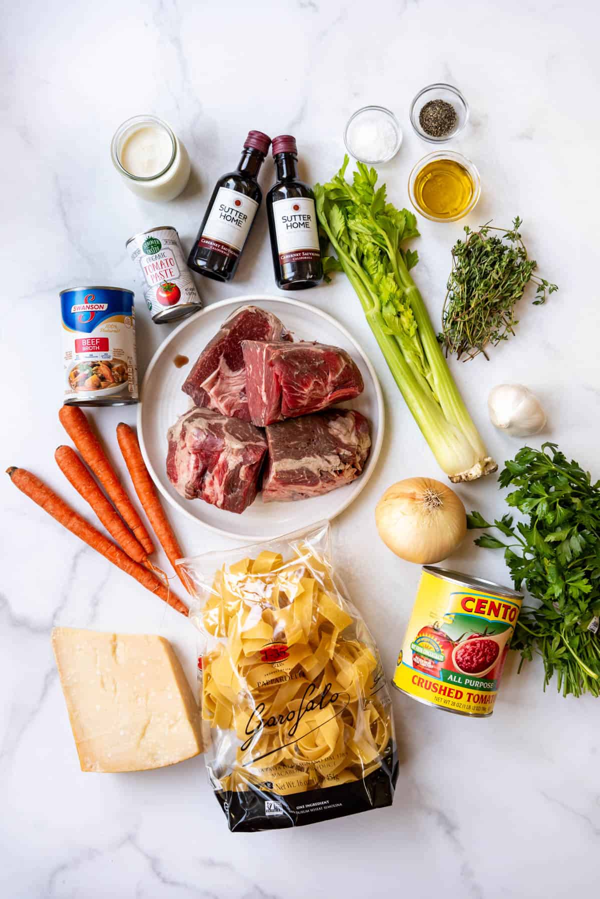 Ingredients for making beef ragu.