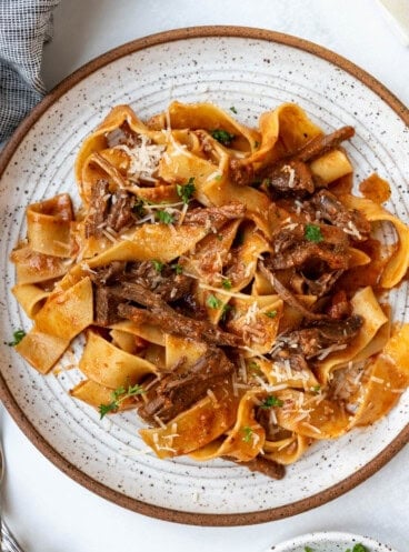 A close up image of a plate of beef ragu with pappardelle pasta.