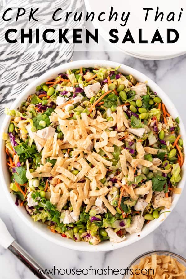 An overhead image of a serving bowl of CPK Crunchy Thai Chicken Salad with text overlay.