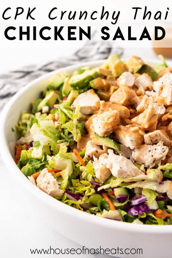 A side view of a large bowl of Thai chicken salad with text overlay.