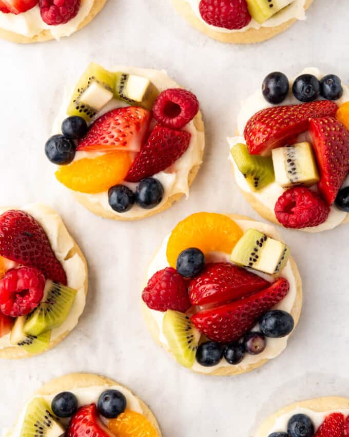 An overhead image of fruit pizza cookies.