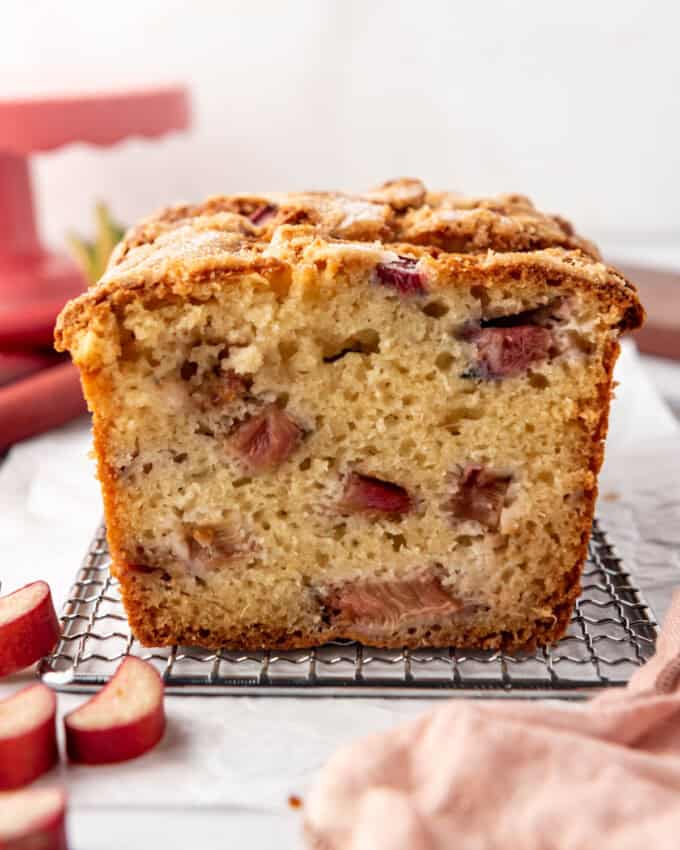 A side image of a sliced loaf of rhubarb bread.