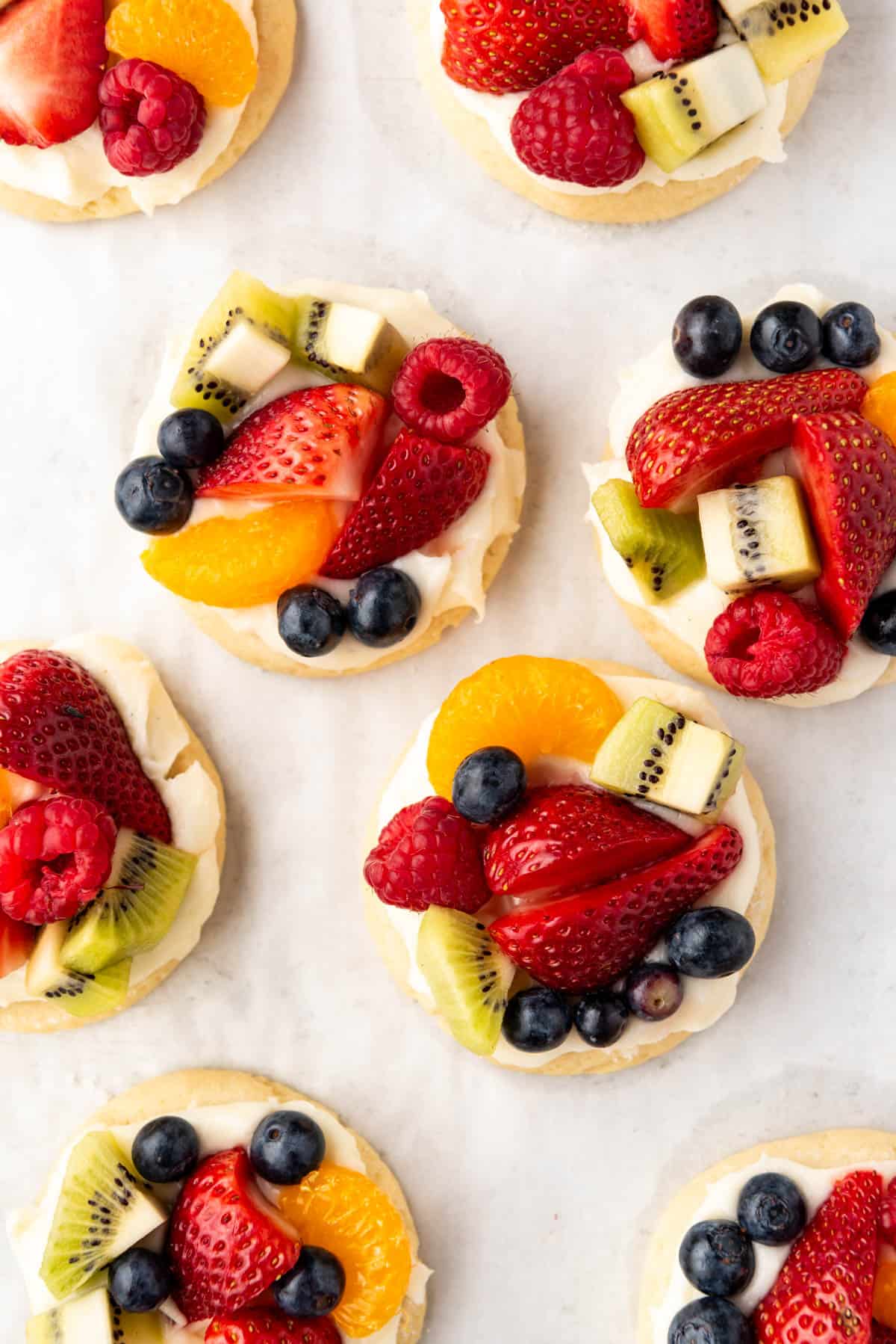 An overhead image of fruit pizza cookies.