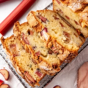 A close image of sliced rhubarb bread.