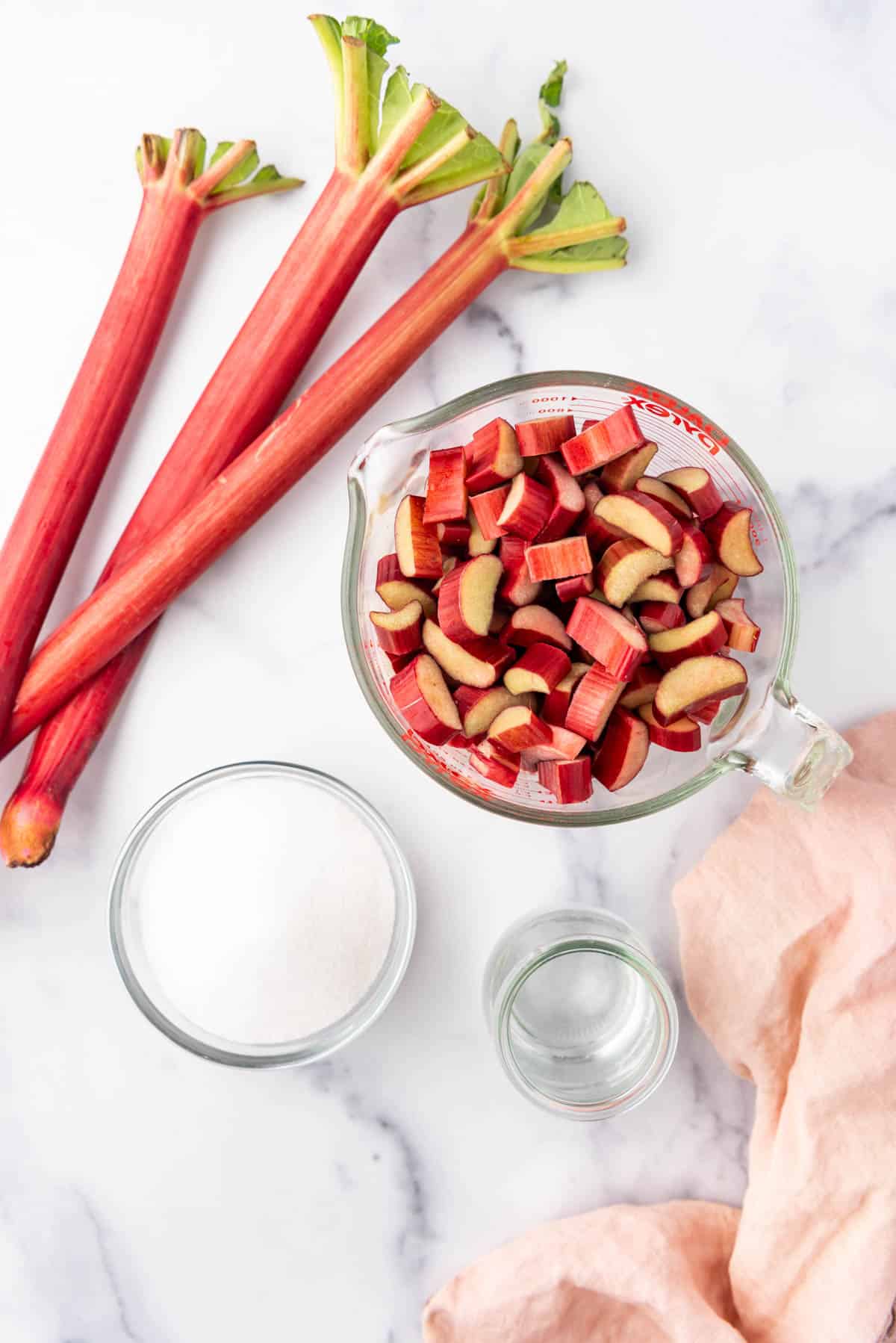 An image of ingredients for making homemade rhubarb sauce.