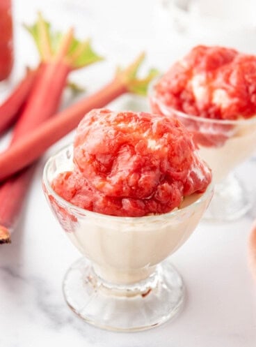 Ice cream sundaes with rhubarb sauce.