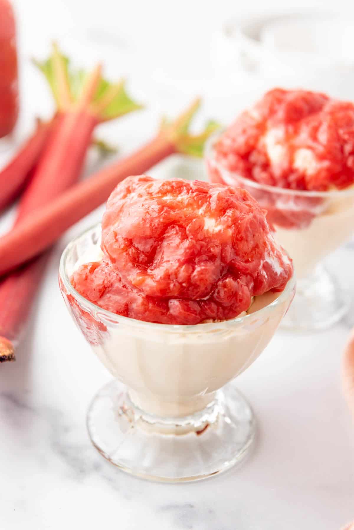 Ice cream sundaes with rhubarb sauce.