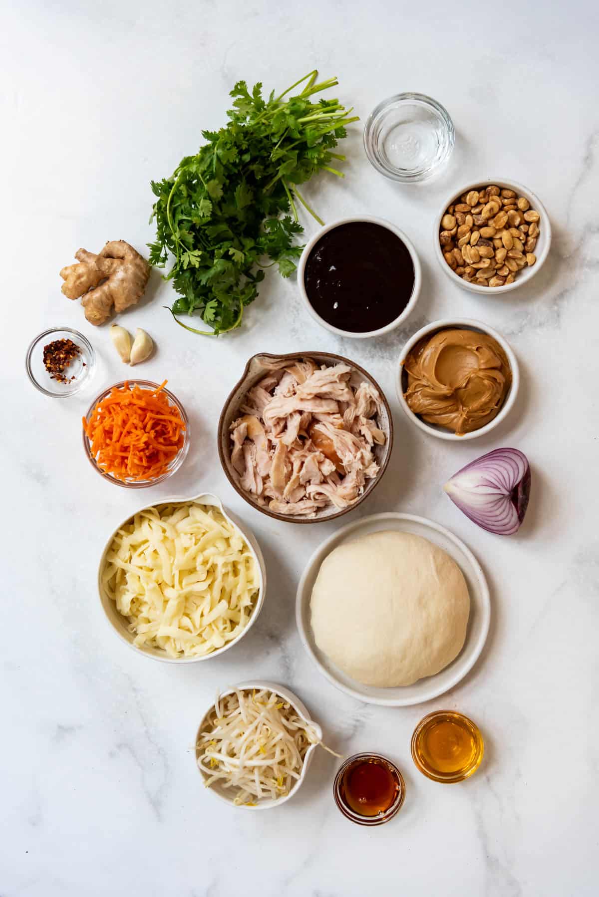 Ingredients for Thai chicken pizza.