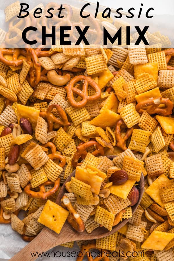 An overhead image of chex mix with text overlay.