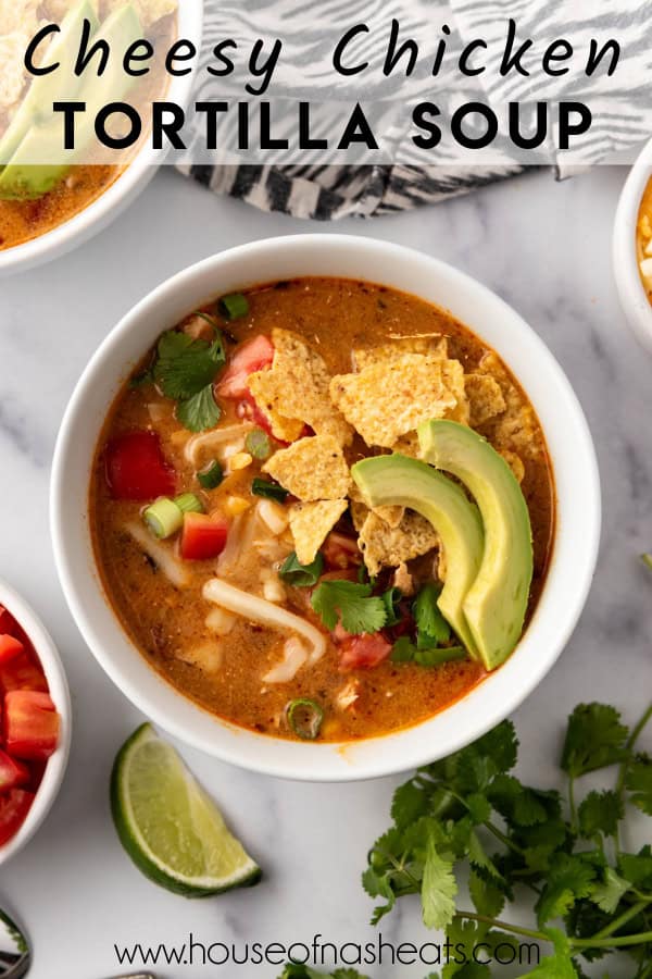 An overhead image of a bowl of chicken tortilla soup with text overlay.