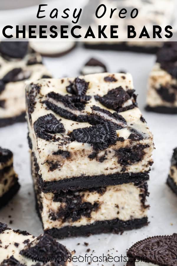 Stacked oreo cheesecake bars with text overlay.